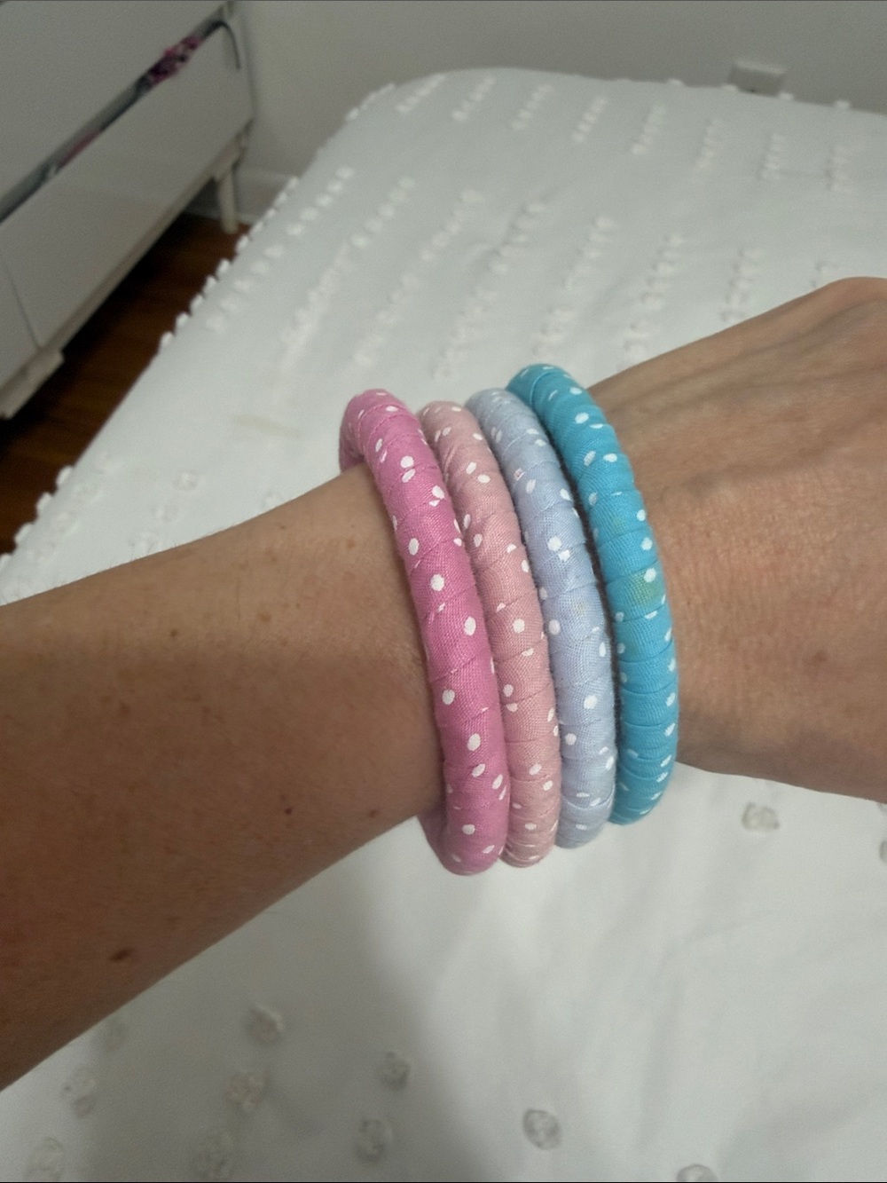 Set of 4 Polka Dot Fabric Bangle Bracelets — Pink, Light Pink, Light Blue, Teal